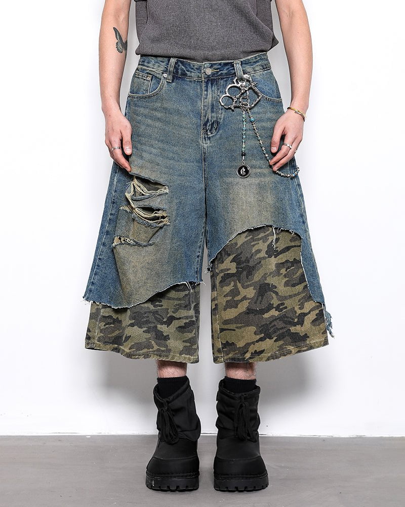 Asymmetrical Ripped Denim Shorts with Camo Layer