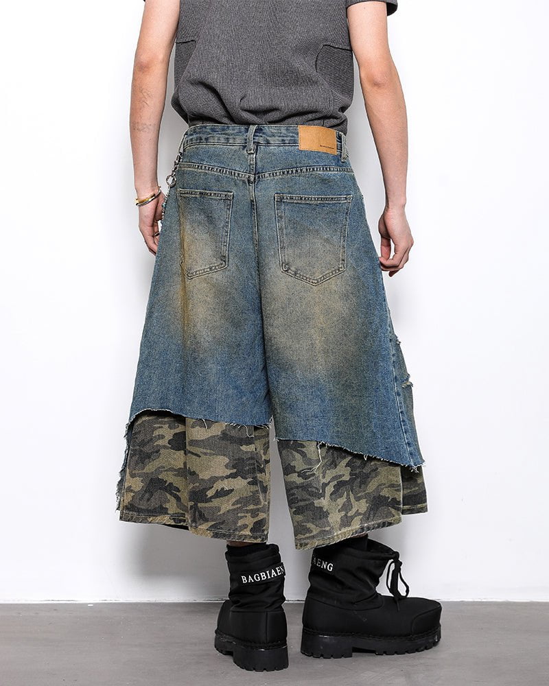 Asymmetrical Ripped Denim Shorts with Camo Layer