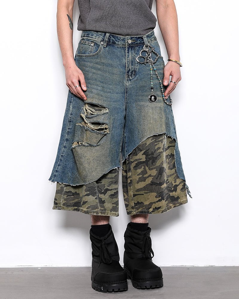 Asymmetrical Ripped Denim Shorts with Camo Layer