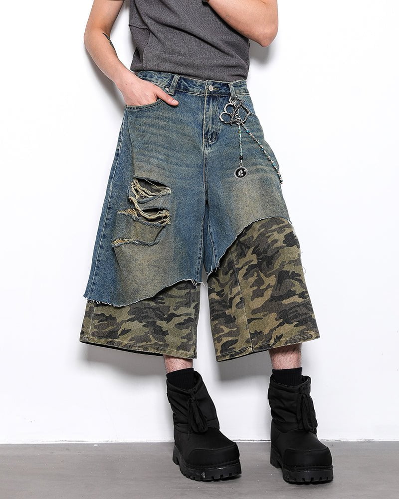 Asymmetrical Ripped Denim Shorts with Camo Layer