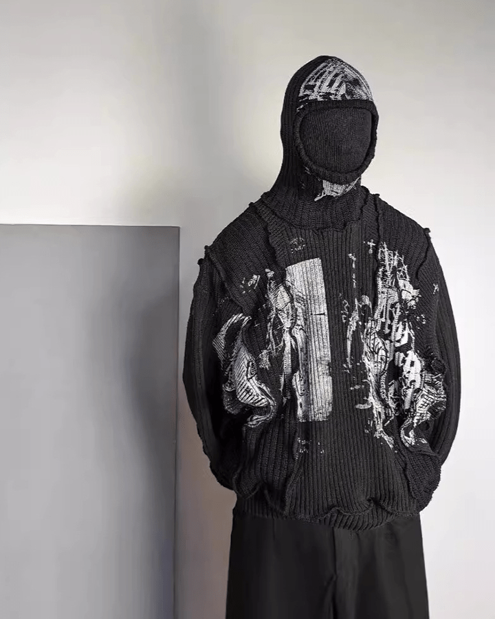 Punk Graphic Distressed Knit Hoodie
