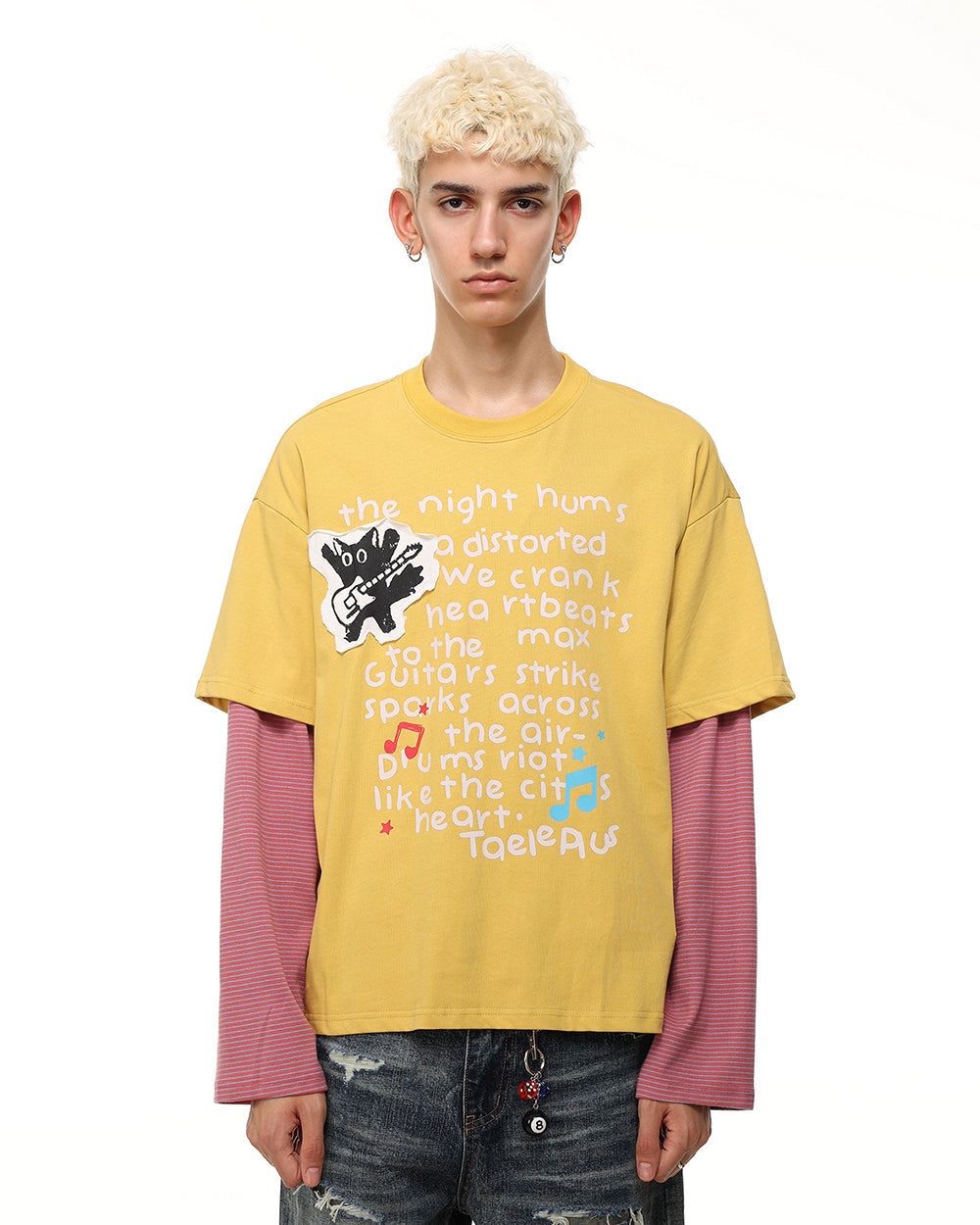 GRYFT Cat Letter Patchwork Layered Long Sleeve T-Shirt