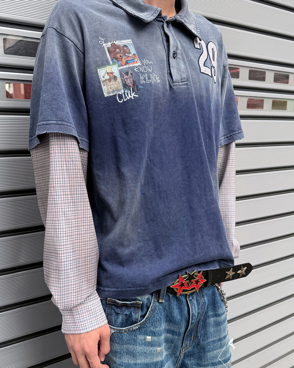 GRYFT Washed Patchwork Polo Long Sleeve