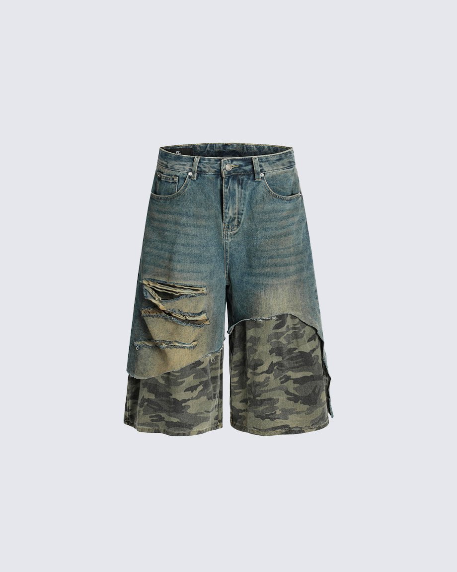 Asymmetrical Ripped Denim Shorts with Camo Layer