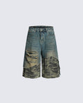 Asymmetrical Ripped Denim Shorts with Camo Layer