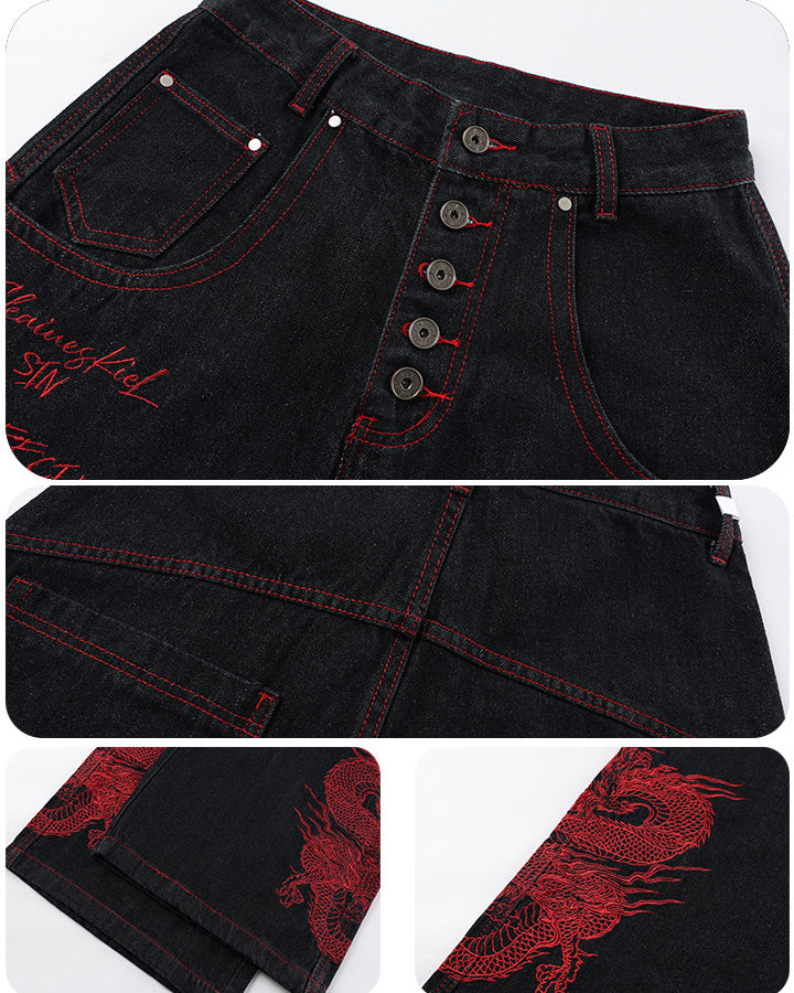 Red Dragon Embroidered Denim Pants