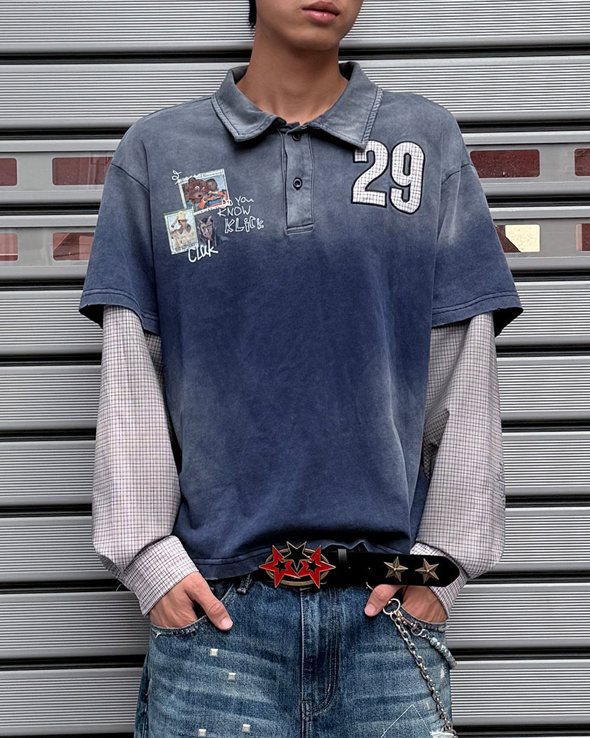 GRYFT Washed Patchwork Polo Long Sleeve