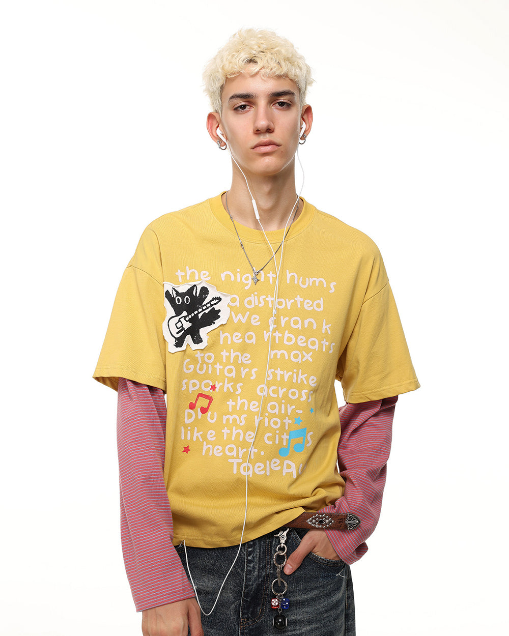 GRYFT Cat Letter Patchwork Layered Long Sleeve T-Shirt
