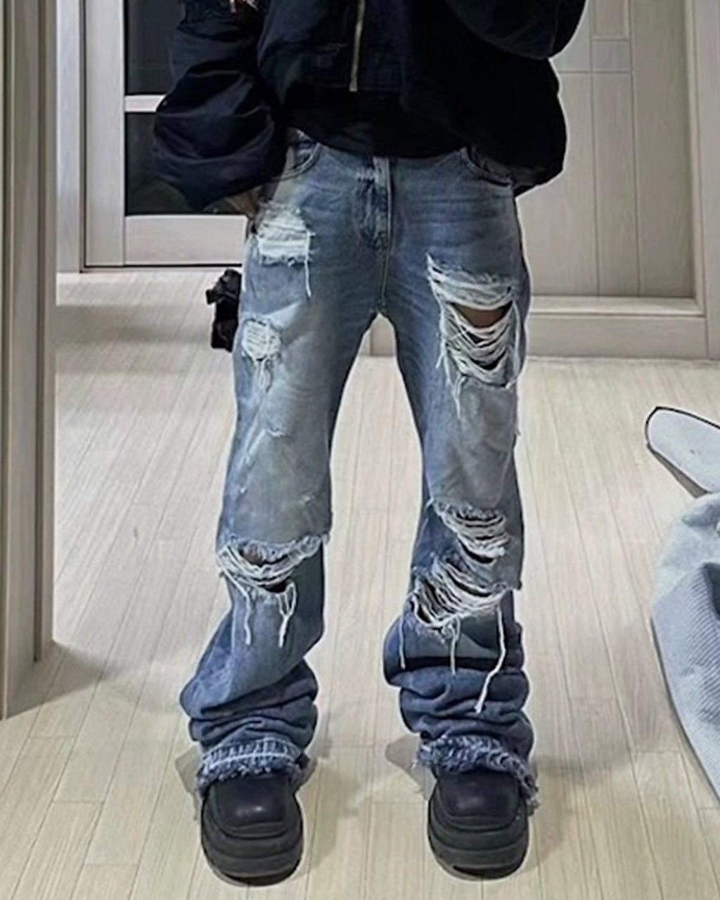 Ripped Wide Leg Flared Cat Whisker Jeans