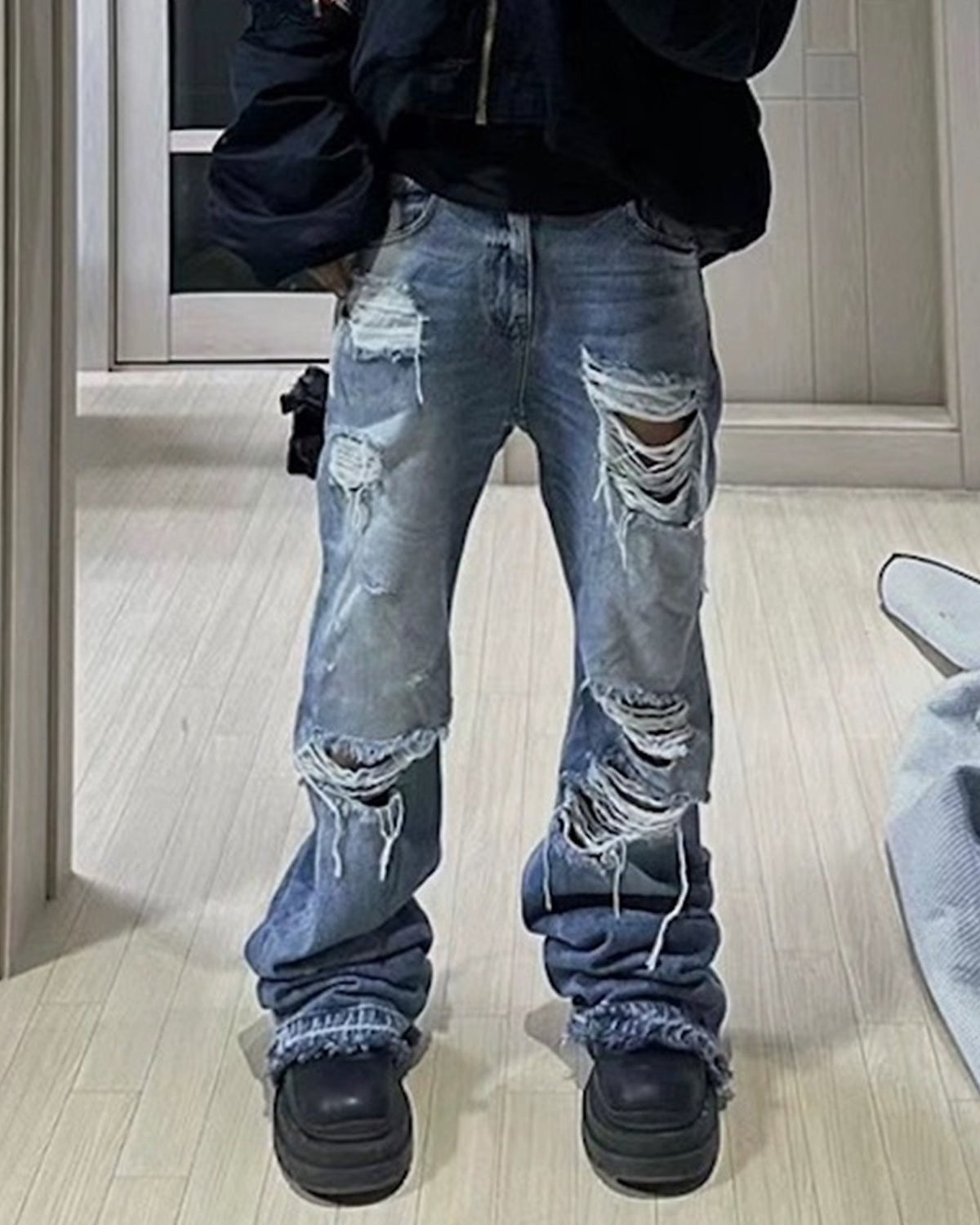 Ripped Wide Leg Flared Cat Whisker Jeans
