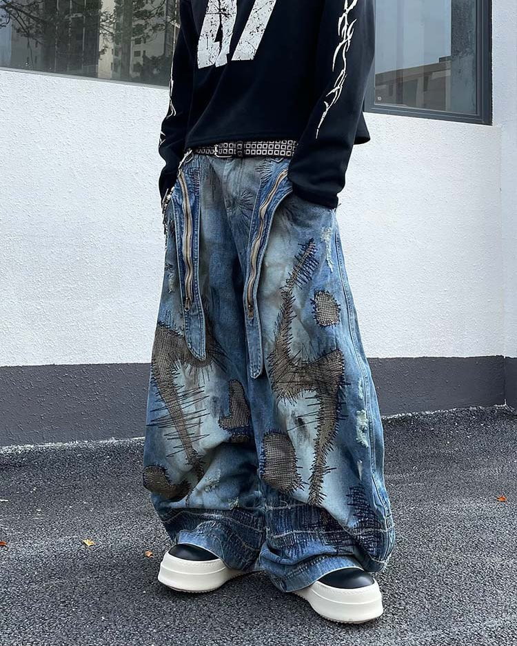 Heavy Stitch Patchwork Wide-Leg Jeans