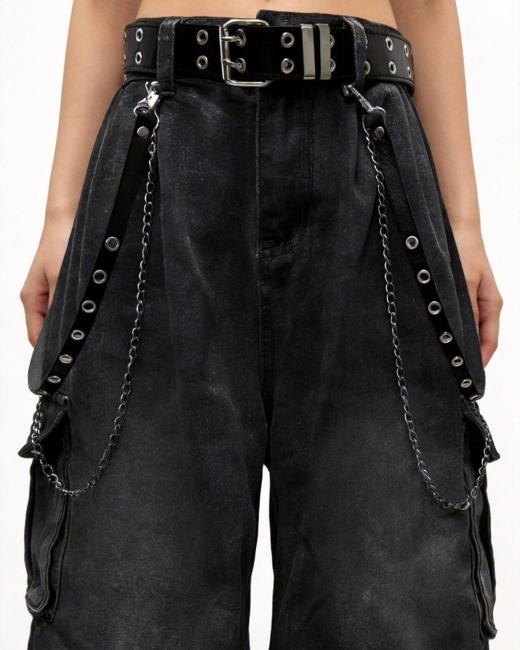 Washed Pocket Cargo Pants（Free Belt and Chain Included）
