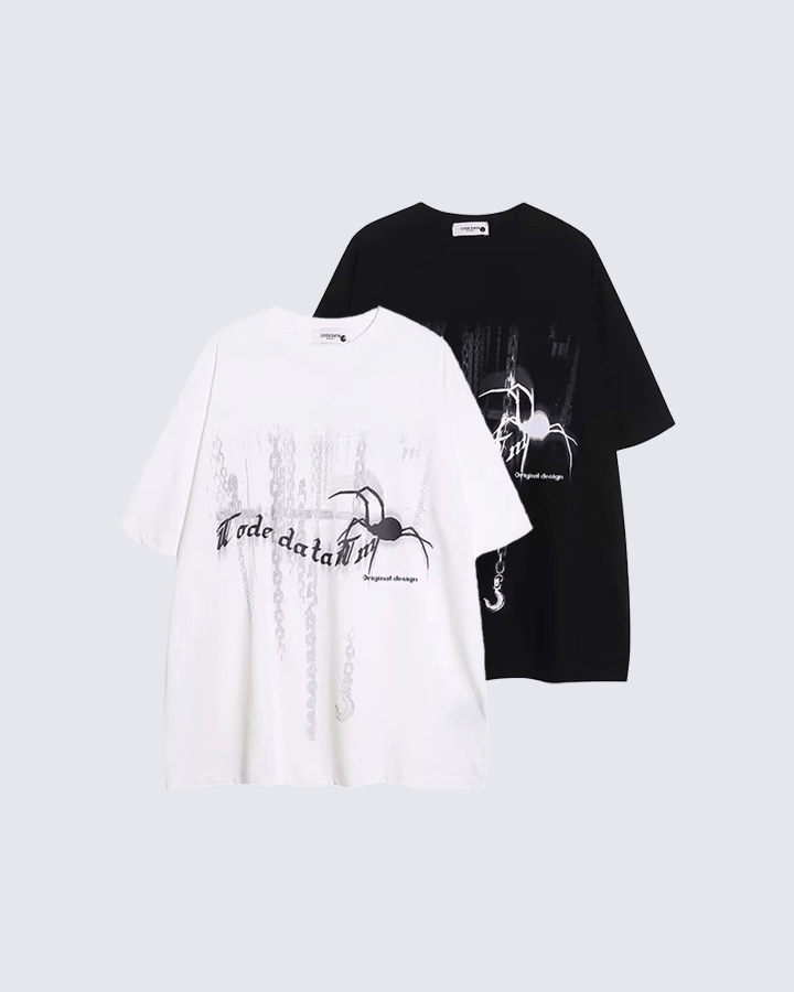 Gothic Chain Print Oversized Black T-Shirt