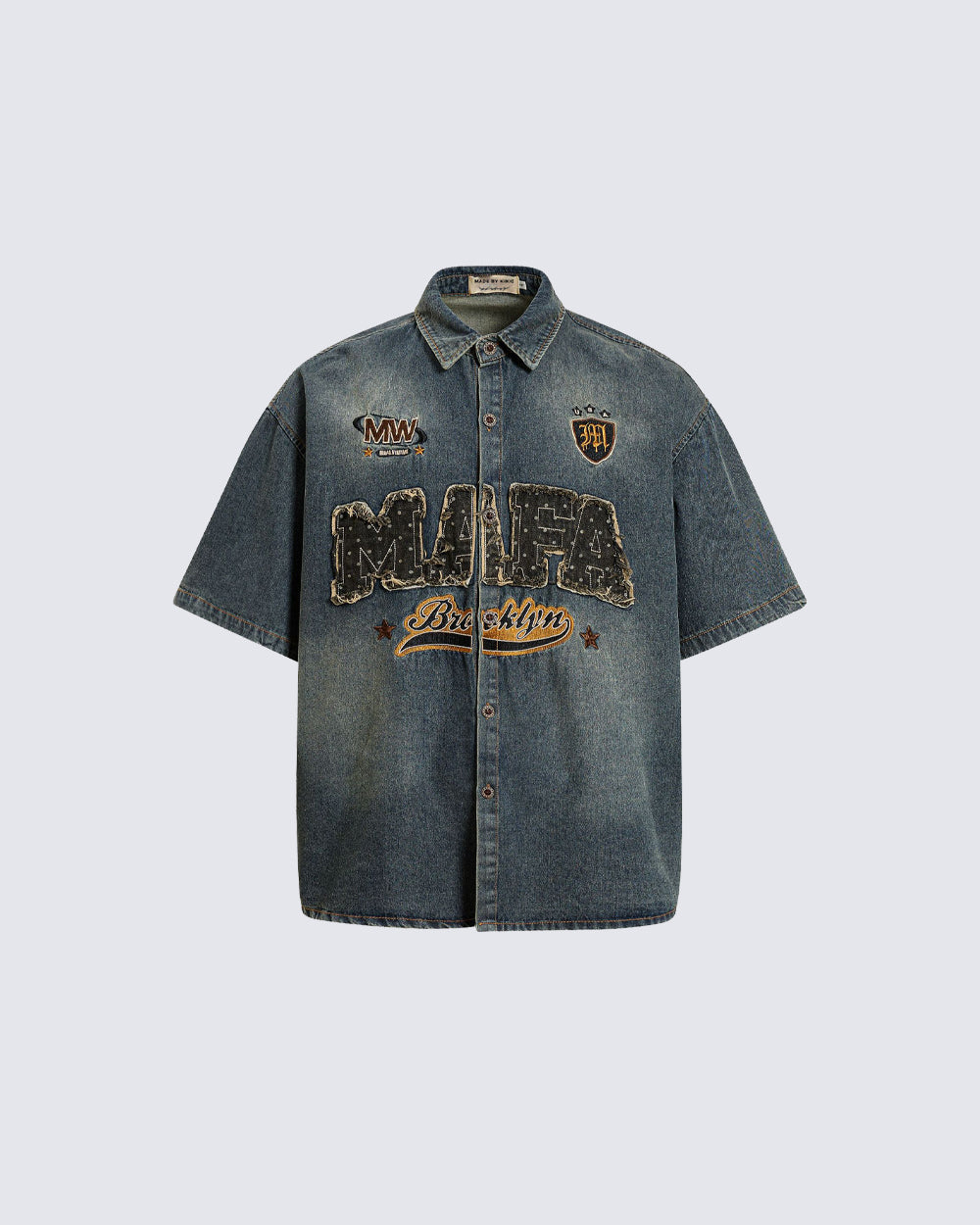 Vintage Distressed Denim Short-Sleeved Shirt