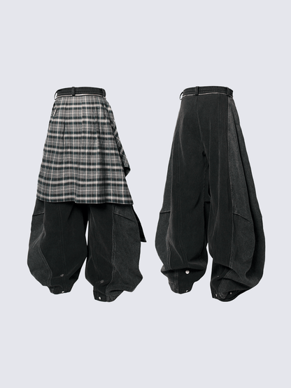 Detachable Plaid Layer Wide-Leg Pants