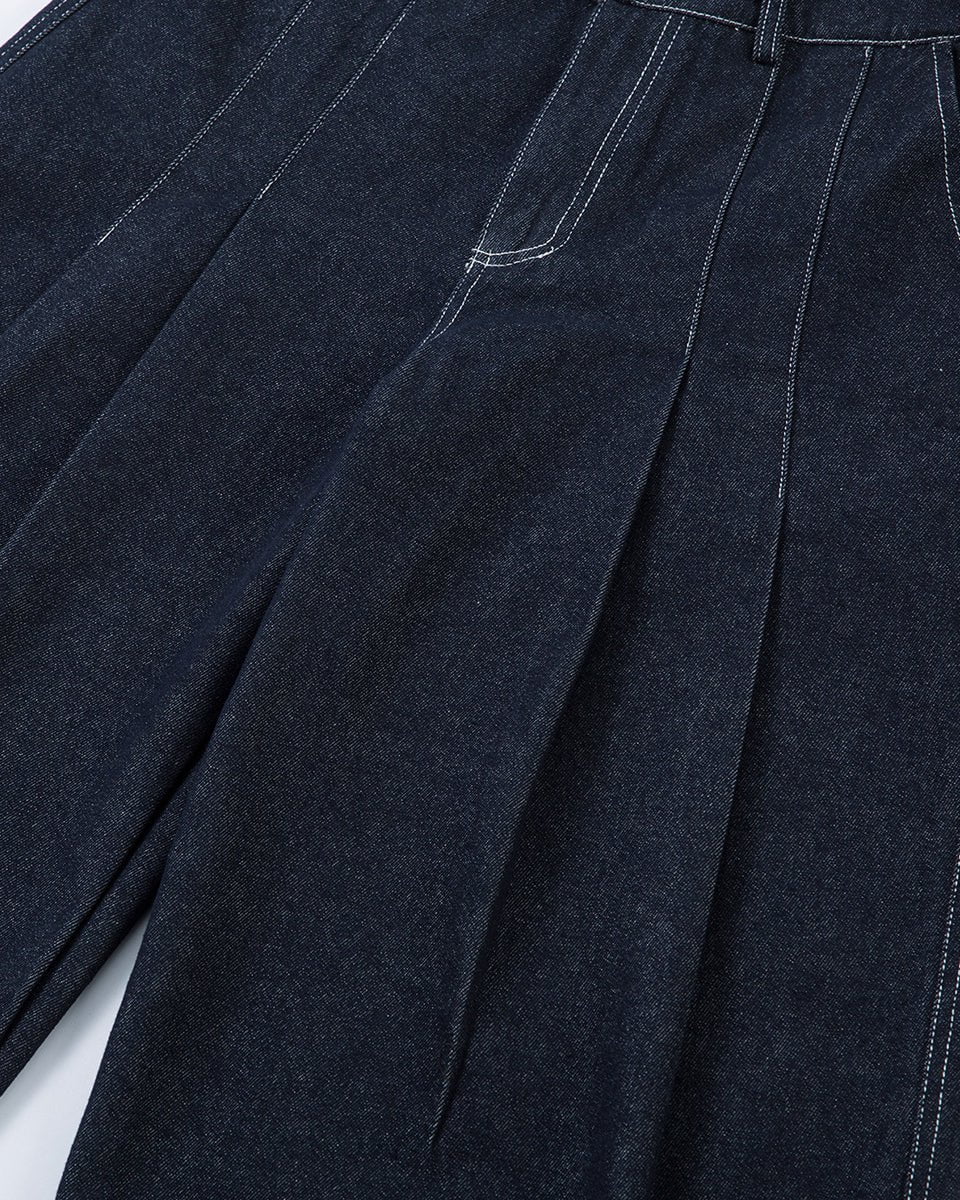 Wide-Leg Pleated Denim Trousers