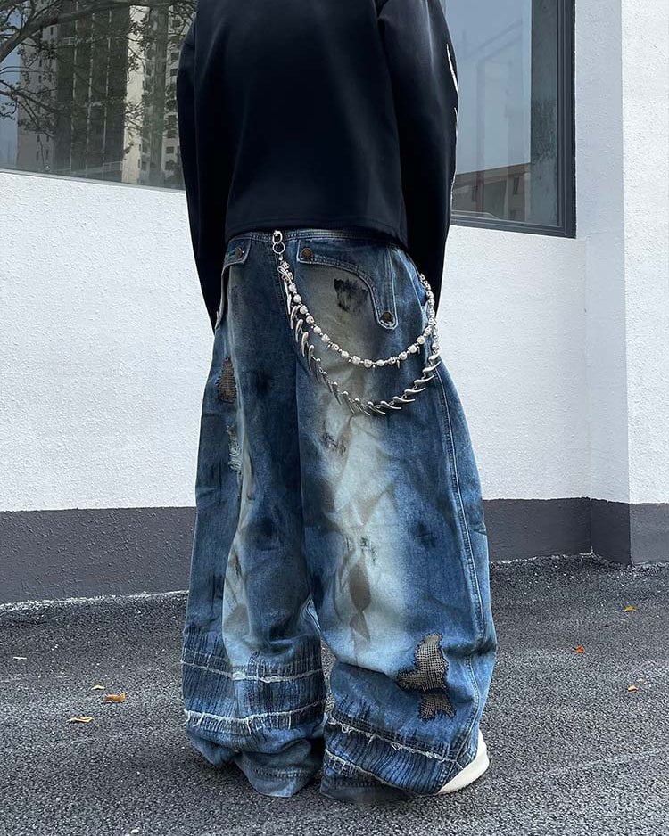 Heavy Stitch Patchwork Wide-Leg Jeans