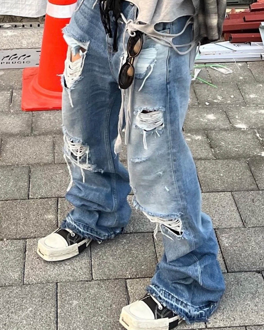Ripped Wide Leg Flared Cat Whisker Jeans