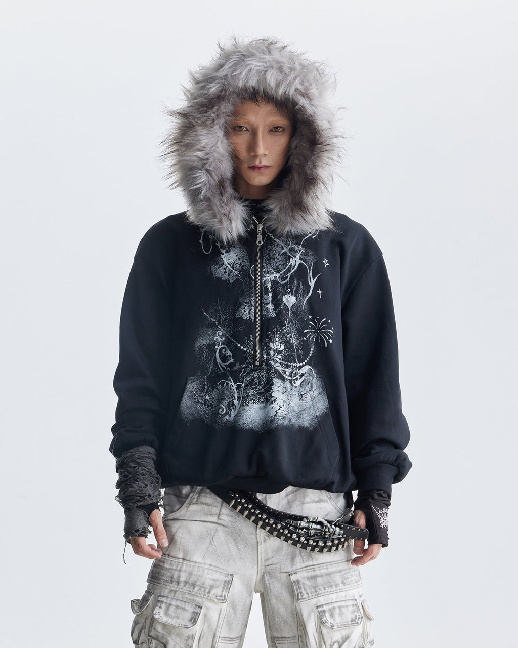 Lightweight Fuzzy Printed Half-Zip Cropped Hoodie