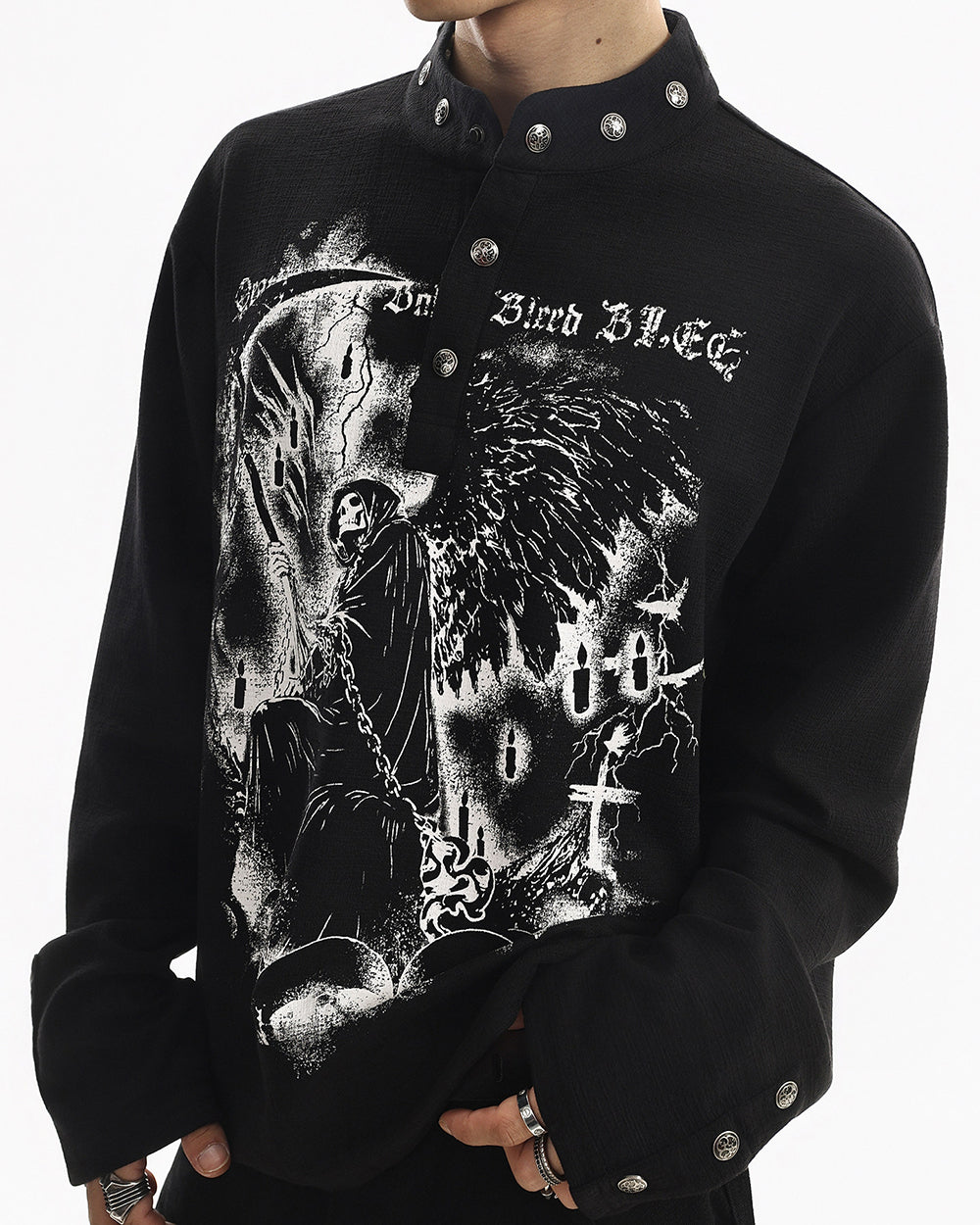 Street Printed Stand Collar Long Sleeve Polo Shirt