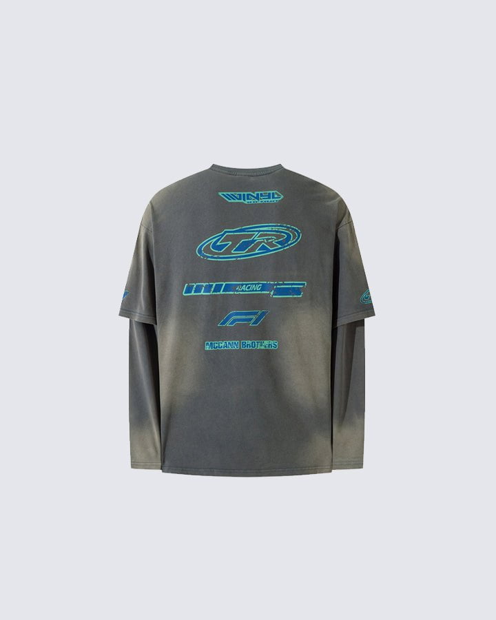 Racing Style Fake Two-Piece Long-Sleeved T-Shirt