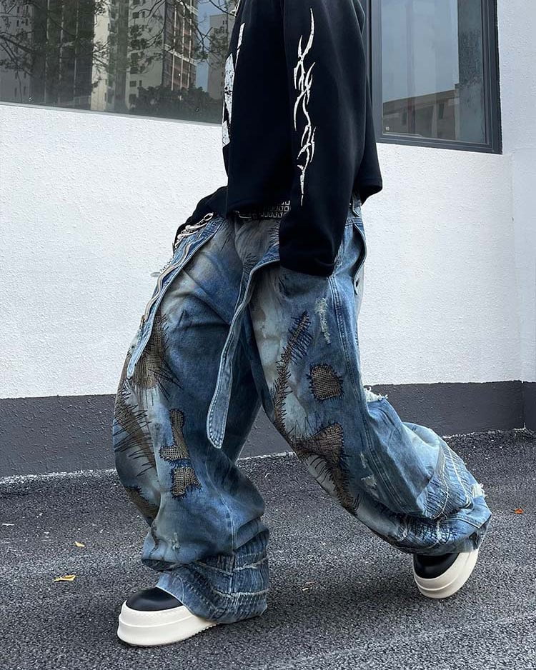 Heavy Stitch Patchwork Wide-Leg Jeans