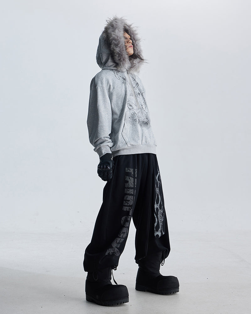 Lightweight Fuzzy Printed Half-Zip Cropped Hoodie