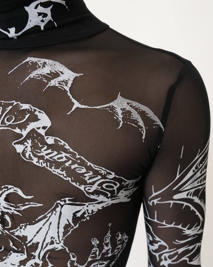 Gothic Mesh Long Sleeve Top with Graphic Print