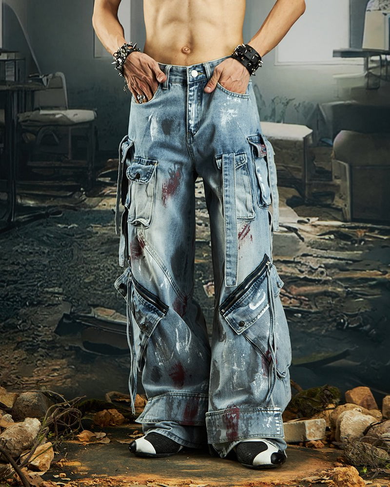 Deconstructed Graffiti Strap Cargo Jeans