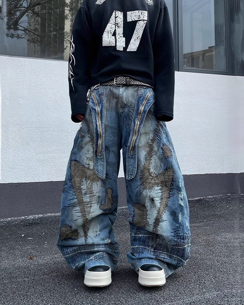 Heavy Stitch Patchwork Wide-Leg Jeans