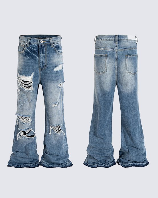 Ripped Wide Leg Flared Cat Whisker Jeans