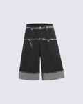 New Dark Raw Edge Cuffed Wide Denim Shorts