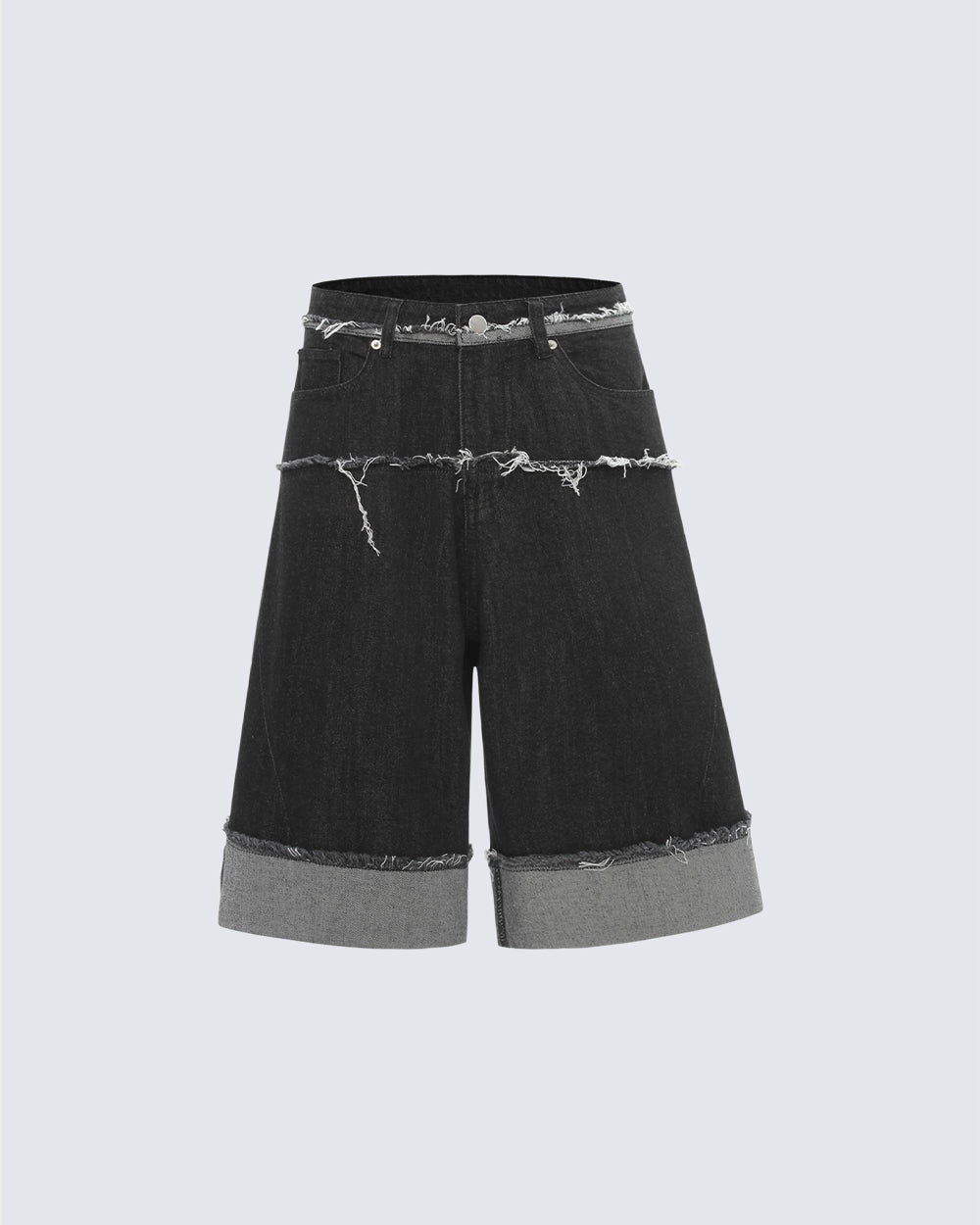 New Dark Raw Edge Cuffed Wide Denim Shorts