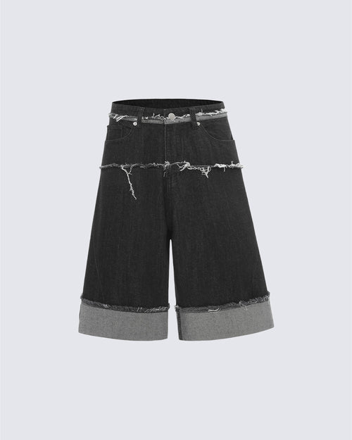 New Dark Raw Edge Cuffed Wide Denim Shorts