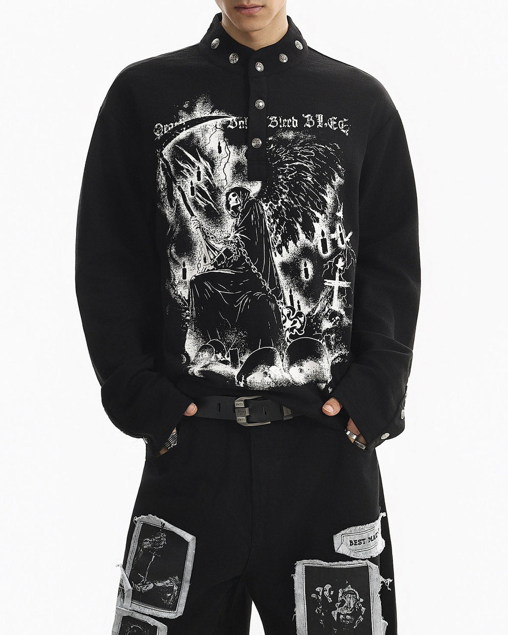 Street Printed Stand Collar Long Sleeve Polo Shirt