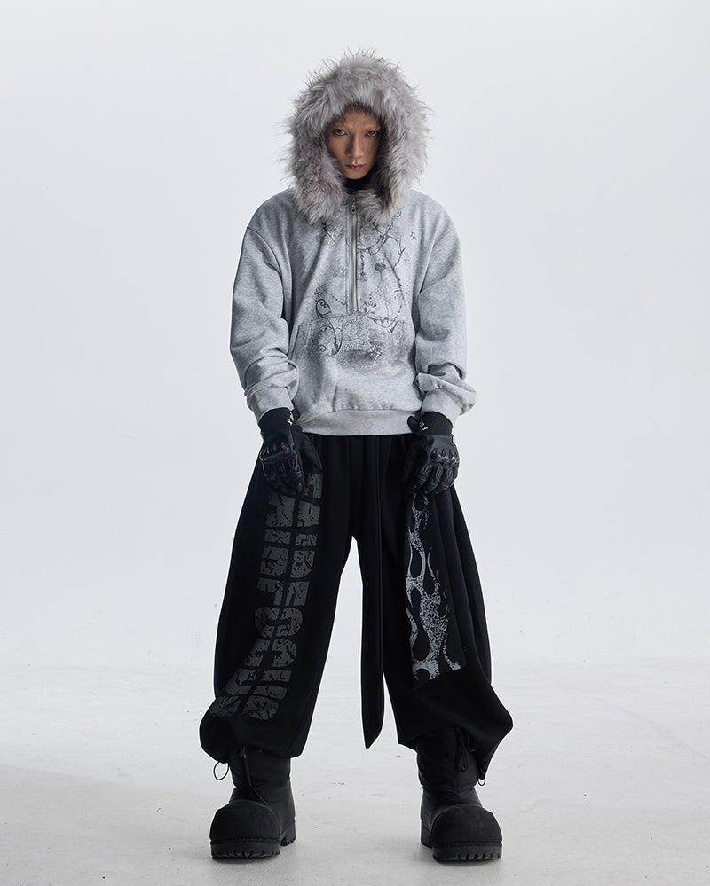 Lightweight Fuzzy Printed Half-Zip Cropped Hoodie