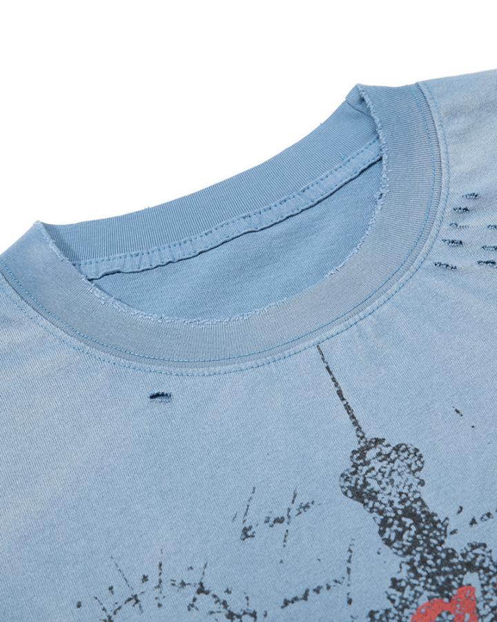 American-Style Distressed Short-Sleeved T-Shirt With Cross Design