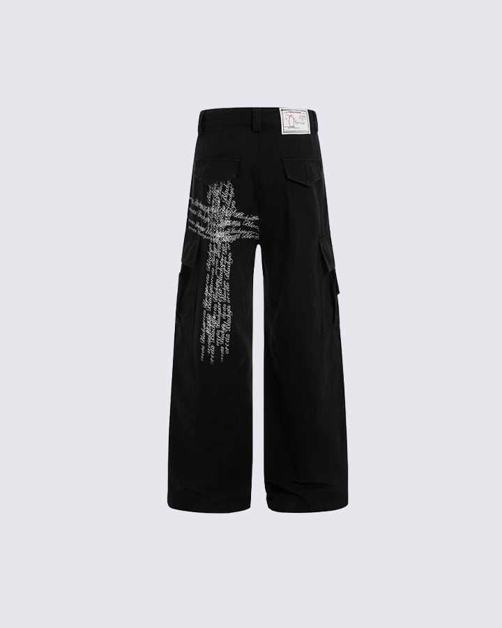 Cross Letter Print Wide-Leg Cargo Pants
