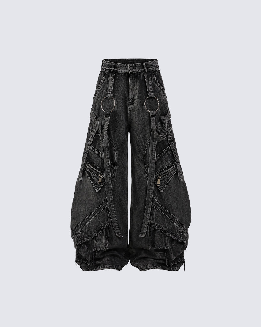 GRYFT Punk Washed Strap Cargo Wide-Leg Jeans