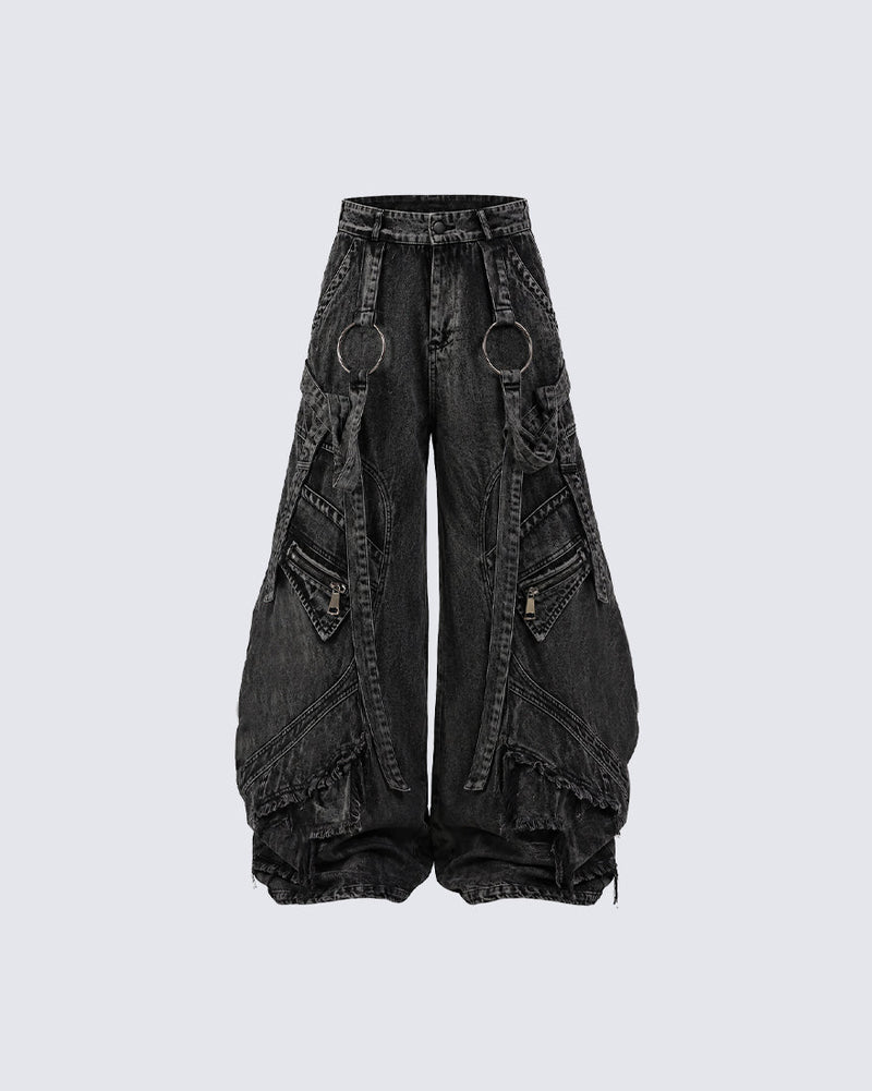 GRYFT Punk Washed Strap Cargo Wide-Leg Jeans