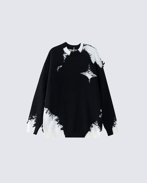 American High Street Hip-Hop Patchwork Frayed Sweater