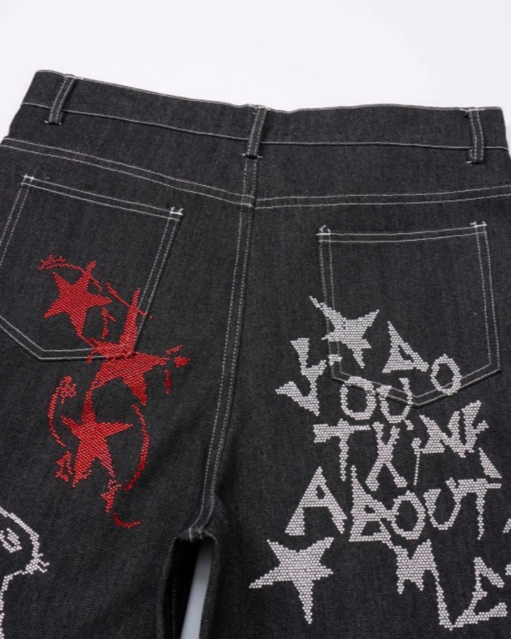 High Street Dark Style Graffiti Embroidered Jeans