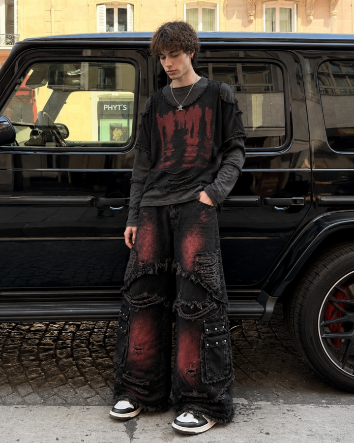GRYFT Two-Tone Raw Edge Patchwork Layered Long Sleeve Tee
