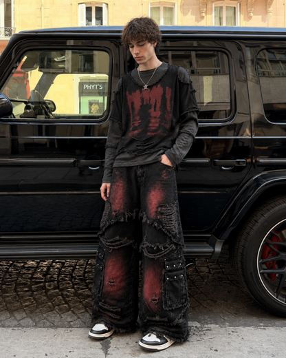 GRYFT Two-Tone Raw Edge Patchwork Layered Long Sleeve Tee