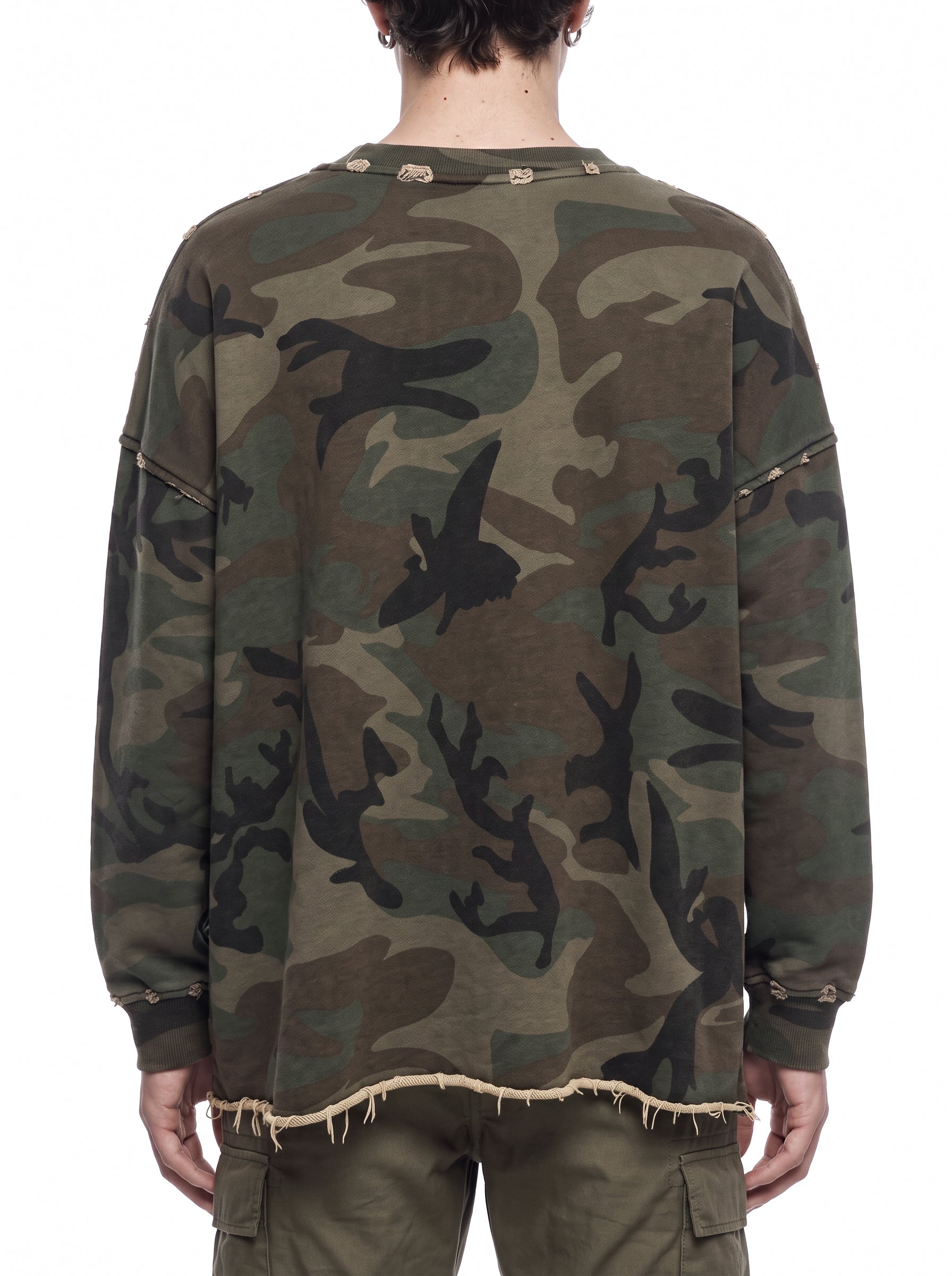 GRYFT Vintage Distressed Camo Raw Edge Crewneck Sweatshirt