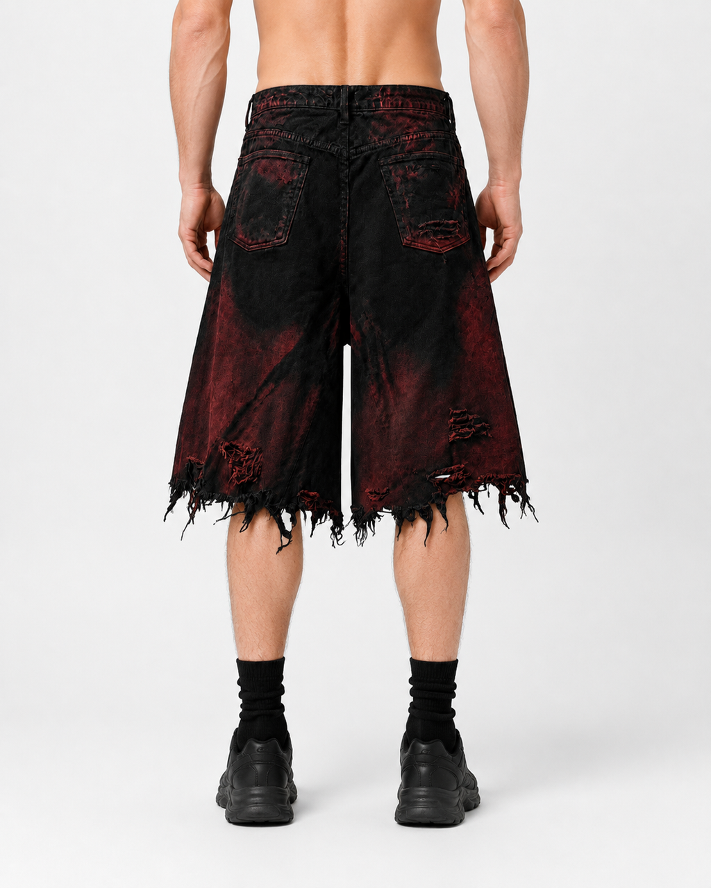 GRYFT Red Washed Distressed Denim Shorts