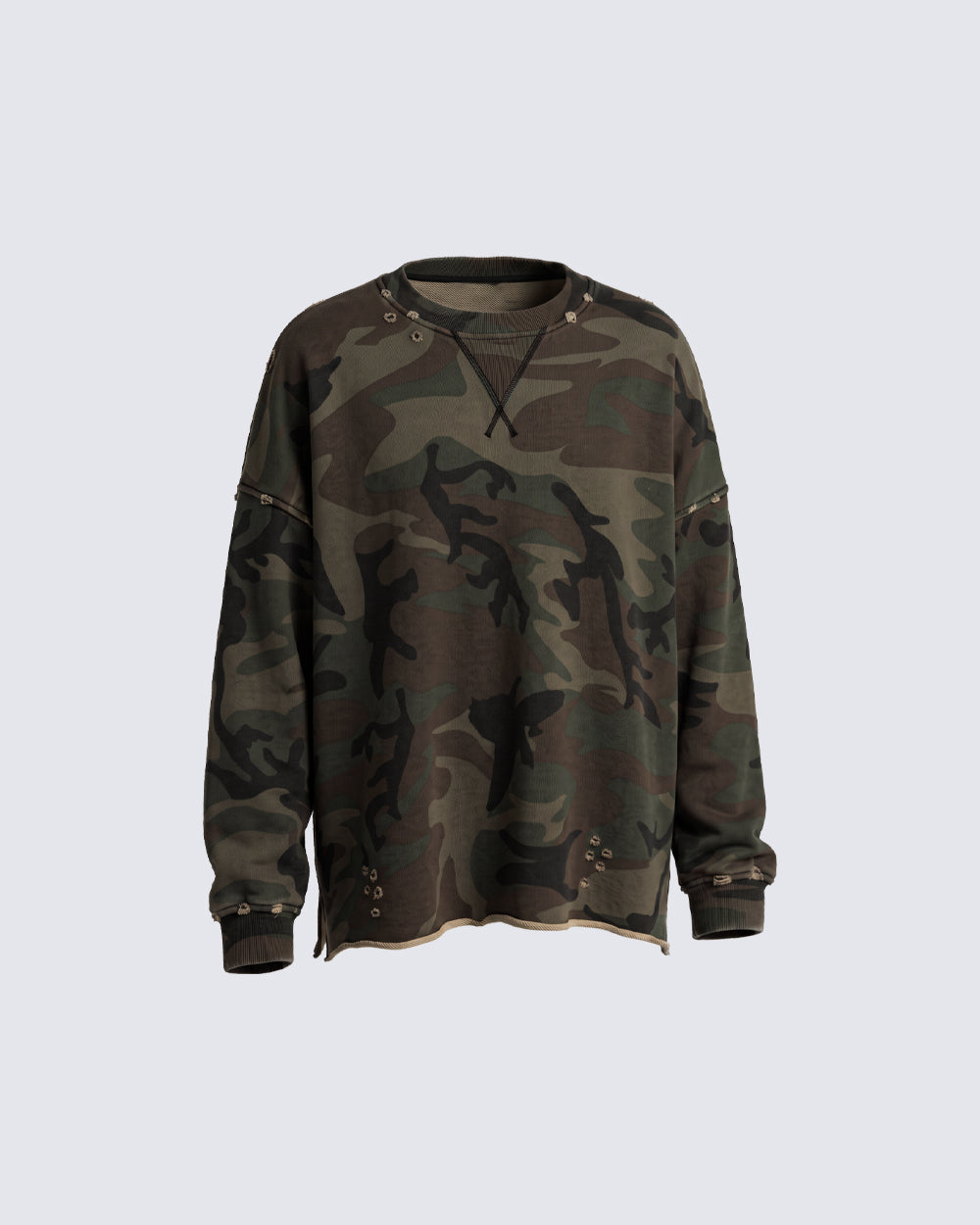 GRYFT Vintage Distressed Camo Raw Edge Crewneck Sweatshirt