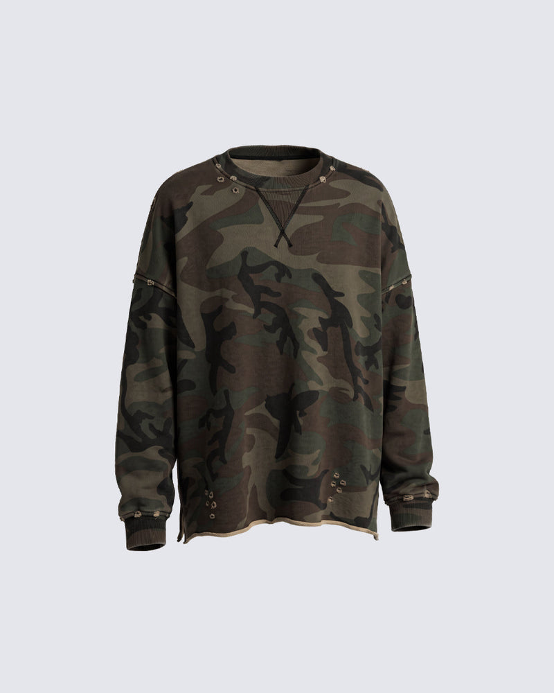 GRYFT Vintage Distressed Camo Raw Edge Crewneck Sweatshirt