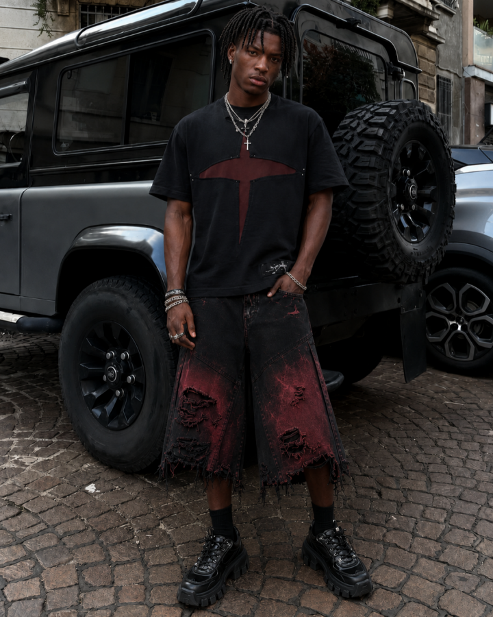GRYFT Red Washed Distressed Denim Shorts