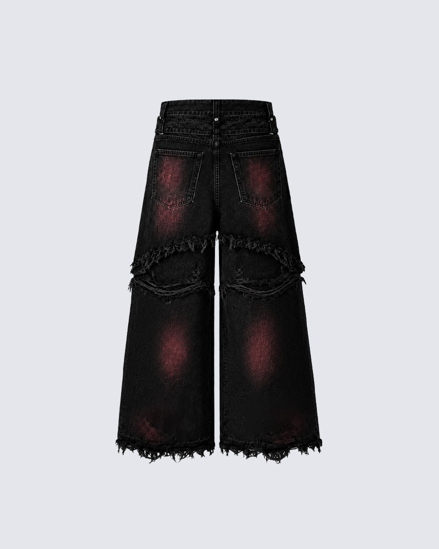 GRYFT Gradient Red Frayed Cargo Wide Leg Denim Pants
